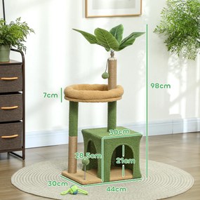 Arranhador para gatos 44 x 30 x 98 cm torre de brincadeiras com compartimentos abertos, cama, arranhadores, bolas e folhas artificiais  verde