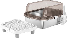 PawHut Caixa de Areia para Gatos Fechada com Bandeja em Aço Inoxidável Bordas Altas Pá e Degrau para Gatos Grandes 53x42x27 cm Cinzento | Aosom Portugal