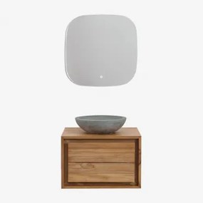 Conjunto De Móveis De Banheiro Em Madeira De Teca Jabari Madeira De Teca & Cimento Cinzento Redondo Ø40 Cm Tarsis & Quadrado Led - Sklum