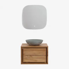 Conjunto De Móvel De Casa De Banho Suspenso Em Madeira De Teca Jabari Madeira De Teca & Cimento Cinzento Redondo Ø40 Cm Tarsis & Quadrado - Sklum