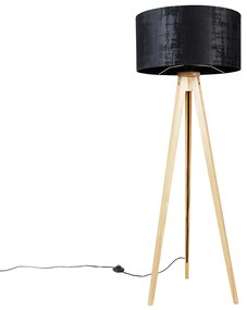 Candeeiro de pé em madeira com abajur em tecido preto 50 cm - Tripod Classic Moderno