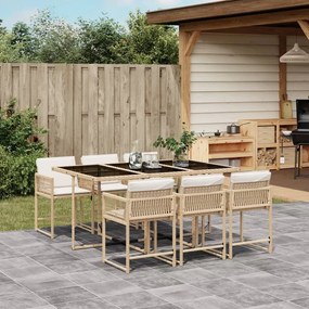 vidaXL 7 pcs conjunto de jantar p/ jardim com almofadões vime PE bege