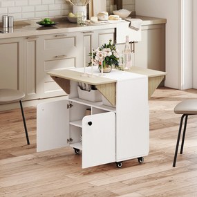 Mesa de jantar dobrável com roda 70 x 83 x 75 cms, mesa de cozinha para 4 pessoas, 2 abas rebatíveis, prateleira, armário, branco,  e cor natural