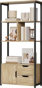 Estante de estilo industrial com 3 prateleiras, porta e 2 gavetas, 58 x 24 x 122 cm, com acabamento em madeira natural e aço preto