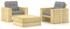 3 pcs conjunto lounge de jardim com almofadões pinho impregnado