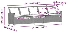 Sofá de jardim com almofadões 5 lugares vime PE castanho