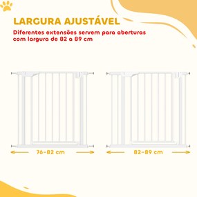 Barreira de Segurança para Crianças e Cães Largura 76-89 cm Bloqueio Duplo Fecho Automático Abertura em Dois Sentidos e Extensão de 7 cm Branco