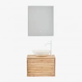 Conjunto De Móveis De Banheiro De Madeira Suspensos Deleyna Madeira Natural & Cimento Redondo Branco Ø40 Cm Zavion & Led - Sklum