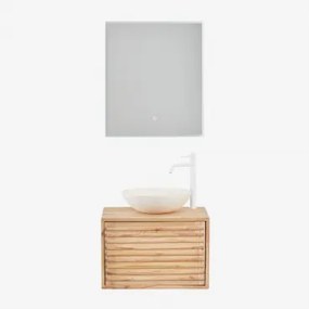Conjunto De Móvel De Casa De Banho Suspenso 60x45 Cm Em Madeira Deleyna Madeira Natural & Cimento Redondo Branco Ø40 Cm Zavion & Led - Sklum