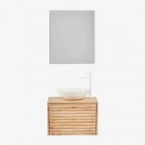 Conjunto De Móvel De Casa De Banho Suspenso Em Madeira Deleyna Madeira Natural & Cimento Redondo Branco Ø40 Cm Zavion & Led - Sklum