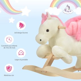 Cavalo de baloiço com função musical, sela de grande conforto, pelúcia curta e macia para crianças dos 18 aos 36 meses, em madeira de álamo, branco e