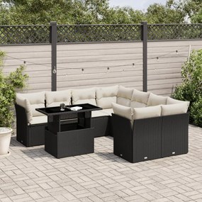 9 pcs conjunto de sofás p/ jardim c/ almofadões vime PE preto
