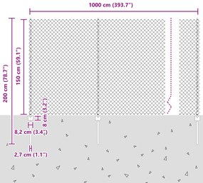 Cerca de Cadeia de Ligação com 20 Postes Cinza 1,5x10 m Aço