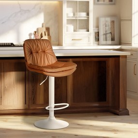 Banco de bar em couro sintético com estrutura branca 92-113 x 46 x 54 cm castanho claro