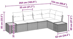 Conjunto de Sofá de Jardim de 5 Peças com Almofadas Pretas de Rattan P
