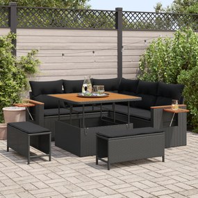 Conjunto de Sofás de Jardim 8 Peças com Almofadas Preto Rattan Poliéster Acácia