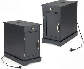 Conjunto de 2 mesas de cabeceira, mesa apoio 35 x 60 x 62 cm com estação de carregamento com gaveta Pretas