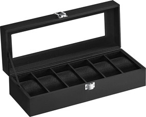 Caixa para 6 relógios 11,2 x 30 x 8 cm revestimento em PU preto, forro em veludo preto