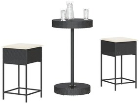 3 pcs conjunto de bar para jardim c/ almofadões vime PE preto