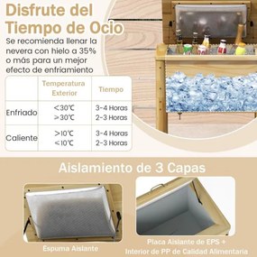 Geleira de madeira de 51 L para bebidas com 3 camadas de isolamento, pega prática, abre latas e orifício para esvaziar 67 x 47 x 74 cm Natural