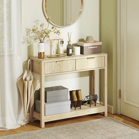Mesa Consola de entrada de 90 cm, mesa de entrada estreita com 2 gavetas com ranhuras e prateleira, estilo moderno, madeira natural