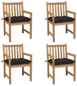 vidaXL Cadeiras de jardim c/ almofadões pretos 4 pcs teca maciça