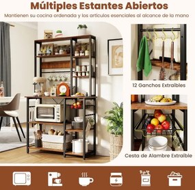 Estante de cozinha 99 × 40 × 170 cm com tomada elétrica com prateleiras abertas de madeira Ganchos e cesto Castanho rústico + preto
