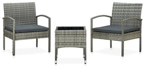vidaXL 3 pcs conjunto bistrô com almofadões vime PE cinzento