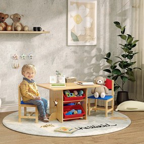 Mesa infantil com 2 cadeiras – conjunto de 3 peças em madeira com 4 caixas de arrumação em madeira natural