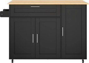 Mesa de cozinha móvel com tampo de trabalho dobrável, gaveta, prateleira para especiarias, suporte para toalhas, 132,5x44/70x90 cm, Preto+Cor natural| AOSOM Portugal