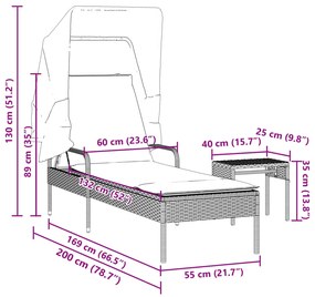 Espreguiçadeira com toldo e mesa vime PE cinzento-claro