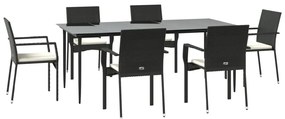 7 pcs conjunto de jantar p/ jardim c/ almofadões vime PE preto