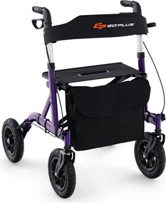 Andarilho dobrável para adultos idosos com assento 24 cm Rodas pneumáticas todo-o-terreno Saco de arrumação Carga 160 kg Púrpura