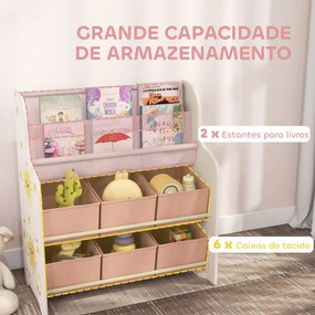 Estante Infantil para Brinquedos com 6 Caixas de Tecido Não Tecido Organizador de Brinquedos com 2 Prateleiras 63x30x71 cm Rosa