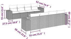 9 pcs conjunto de sofás p/ jardim com almofadões vime PE bege