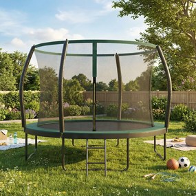 Trampolim para exterior Ø 366 cm, com rede de segurança para crianças, barras curvas Preto-verde escuro
