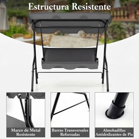 Baloiço Jardim 172 x 154 x 110 cm para 3 pessoas com toldo ajustável e almofada removível para jardim ou pátio, cinzenta