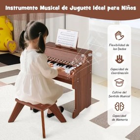 Piano de brincar com 25 teclas para crianças 38 x 24 x 47 cm, com banco e suporte, velocidade e volume ajustáveis, modo de aprendizagem, design em mad