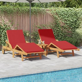 vidaXL Espreguiçadeiras 2 pcs com Almofadas e Mesa Vermelha Madeira Sólida de Acácia