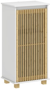 HOMCOM Móvel Banheiro com Cesto de Roupa Porta de Ripas de Bambu e Saco Removível Branco e Efeito Madeira Natural | Aosom Portugal