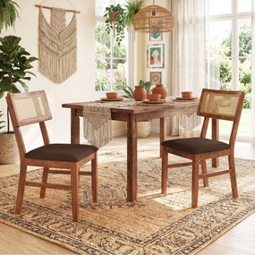 Conjunto de 2 cadeiras jantar estofadas com encosto em rattan tecido (MESA NÃO INCLUIDA), Estrutura em madeira de borracha Cor de nogueira e Castanho