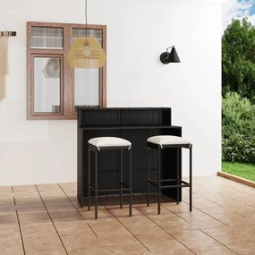 vidaXL 3 pcs conjunto de bar para jardim com almofadões preto