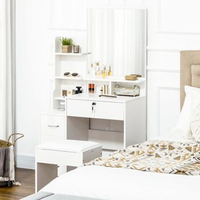 HOMCOM Toucador de Maquilhagem com Banco e Espelho Mesa de Maquilhagem com 4 Gavetas 4 Compartimentos de Armazenamento Estilo Moderno 80x38x143cm Branco