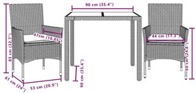 3 pcs conjunto jantar jardim c/ almofadões vime PE/acácia preto