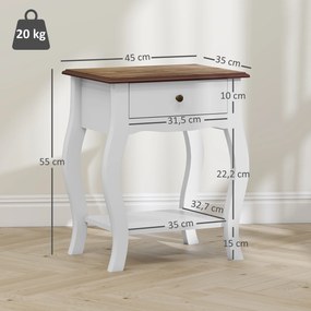 Conjunto de 2 Mesas de Cabeceira com Gaveta Estante Aberto e Bancada Efeito Carvalho Estilo Francês 45x35x55 cm Branco e Carvalho