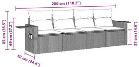 4 pcs conjunto sofás de jardim c/ almofadões vime PE castanho
