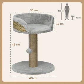 Arranhador para gatos 40 x 40 x 49 cm para trepar brinquedo com pompom suspenso + plataforma de pelúcia, juta cinzenta