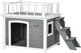 PawHut Casinha para cães, Terraço no telhado, Escada, Janela, Espaçamento do solo, Madeira natural, cinza claro, 121 x 77 x 78 cm | Aosom Portugal