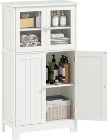 kleankin Armário Casa de Banho Móvel Auxiliar com Portas de Vidro Temperado e Prateleiras Ajustáveis 60x30x108,5cm Branco | Aosom Portugal