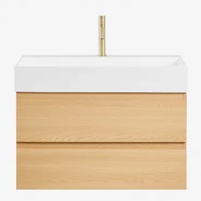 Conjunto De Móvel De Casa De Banho Suspenso Em Madeira E Folha De Freixo Com Lavatório Integrado Ona Madeira Natural & Sem Espelho - Sklum